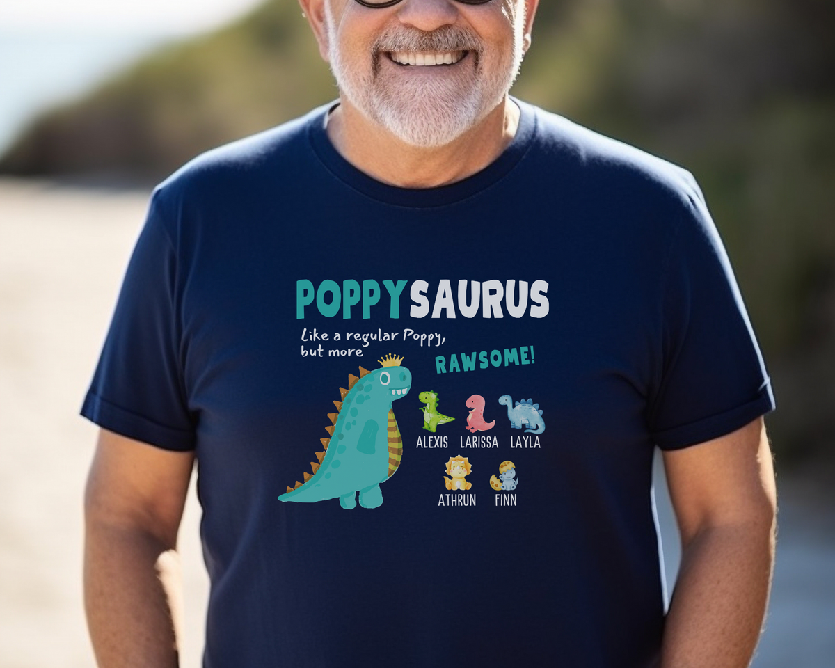 Personalized Poppy Shirt With Grandkid Names, Poppysaurus Dinosaur Grandpa Tshirt, Grandfather Tee, Father's Day Gift