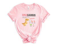 Load image into Gallery viewer, Personalized Oma Shirt, Gift For German Grandma, Custom Grandkids Name Tshirt, Omasaurus Dinosaur Tee, Grandmom Mother&#39;s Day Gift
