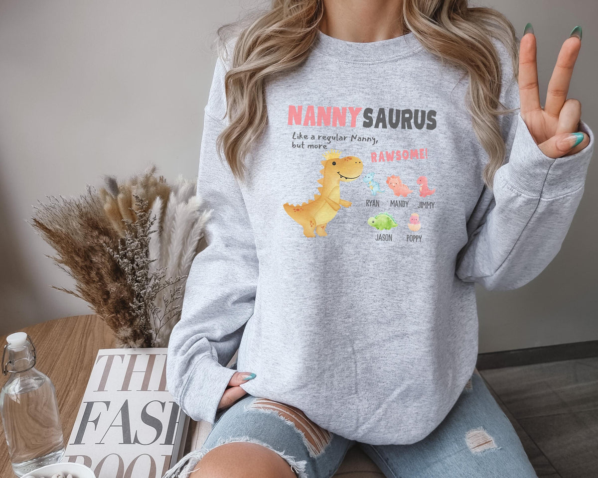 Personalized Nanny Sweatshirt With Grandkids Names, Nanny Sweater, Nannysaurus Dinosaur Shirt, Mother's Day Gift