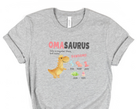 Load image into Gallery viewer, Personalized Oma Shirt, Gift For German Grandma, Custom Grandkids Name Tshirt, Omasaurus Dinosaur Tee, Grandmom Mother&#39;s Day Gift
