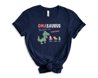 Load image into Gallery viewer, Personalized Oma Shirt, Gift For German Grandma, Custom Grandkids Name Tshirt, Omasaurus Dinosaur Tee, Grandmom Mother&#39;s Day Gift
