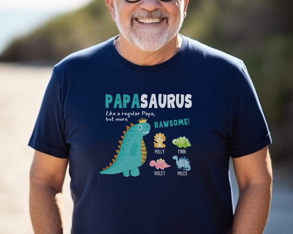 a man wearing a t - shirt with a dinosaur on it