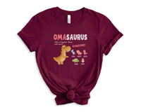 Load image into Gallery viewer, Personalized Oma Shirt, Gift For German Grandma, Custom Grandkids Name Tshirt, Omasaurus Dinosaur Tee, Grandmom Mother&#39;s Day Gift
