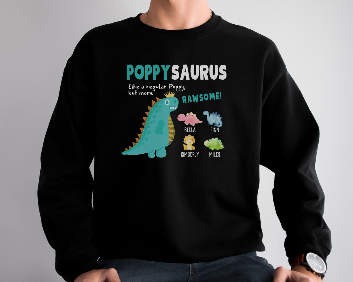 Poppy Sweatshirt With Grandkids Name, Personalized Poppy Gift, Grandpa Sweater, Poppysaurus Dinosaur Crewneck, Grandfather Father's Day Gift